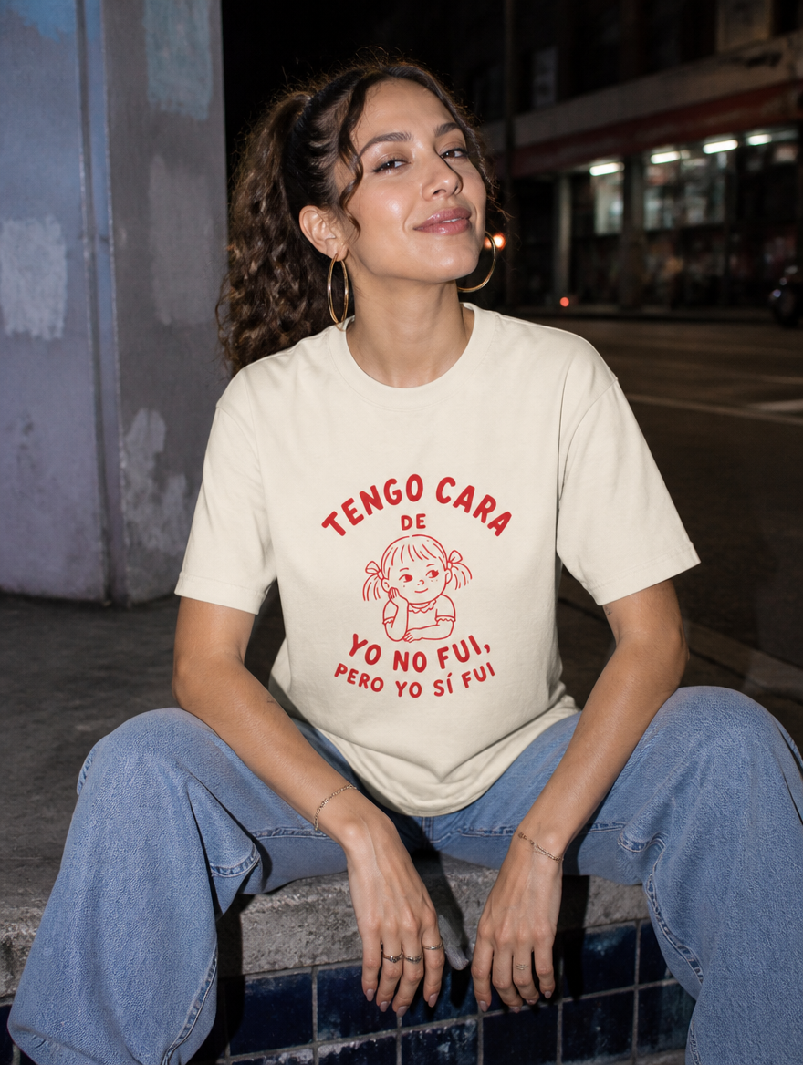 Lifestyle editorial photo — Tengo Cara de Yo No Fui, Pero Yo Sí Fui T-Shirt, Faded Cream