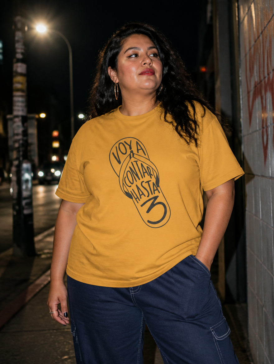 Lifestyle editorial photo — Voy a Contar Hasta Tres T-Shirt, Faded Mustard