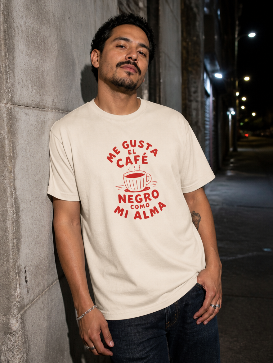 Lifestyle editorial photo — Me Gusta el Café Negro Como Mi Alma T-Shirt, Faded Cream