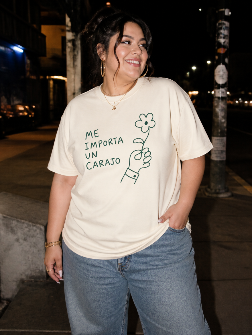 Lifestyle editorial photo — Me Importa un Carajo T-Shirt, Faded Cream