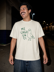 Lifestyle editorial photo — Me Cago en Ti T-Shirt, Faded Cream