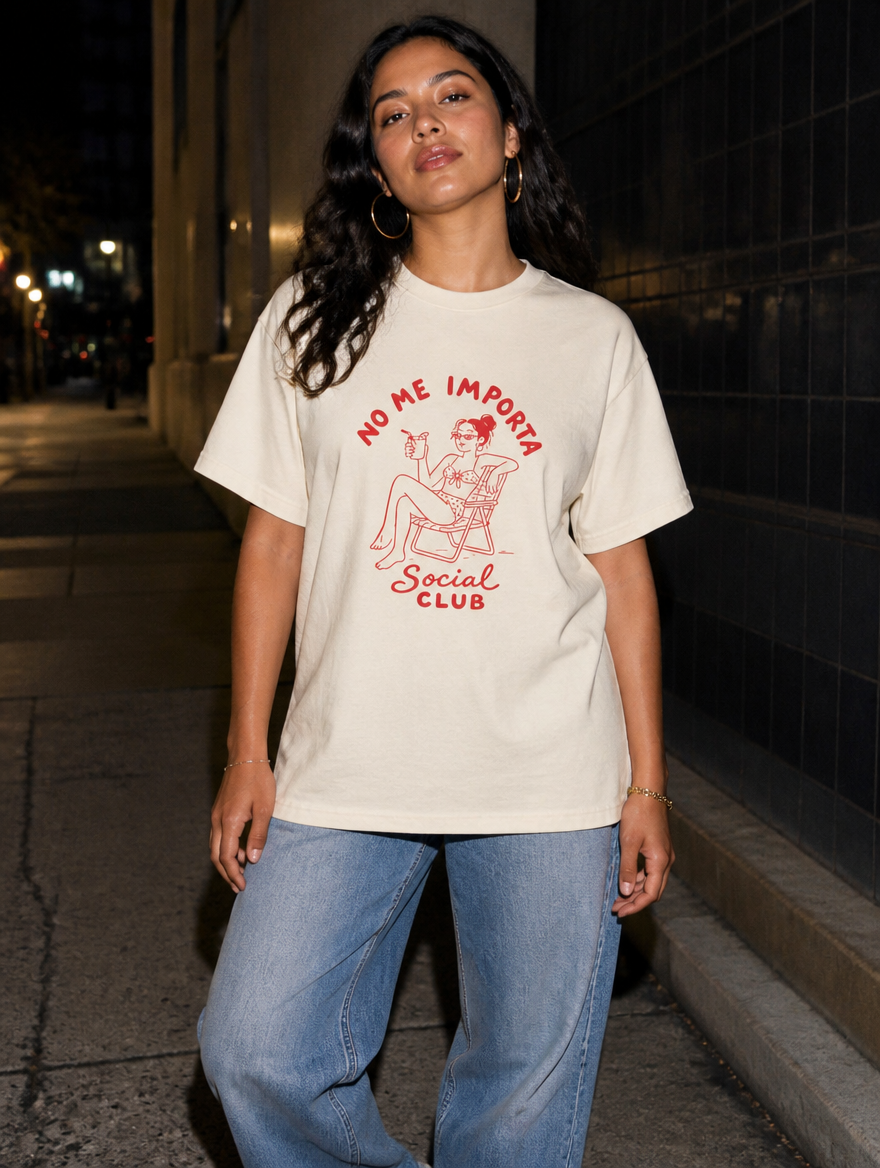 Lifestyle editorial photo — No Me Importa Social Club T-Shirt, Faded Cream