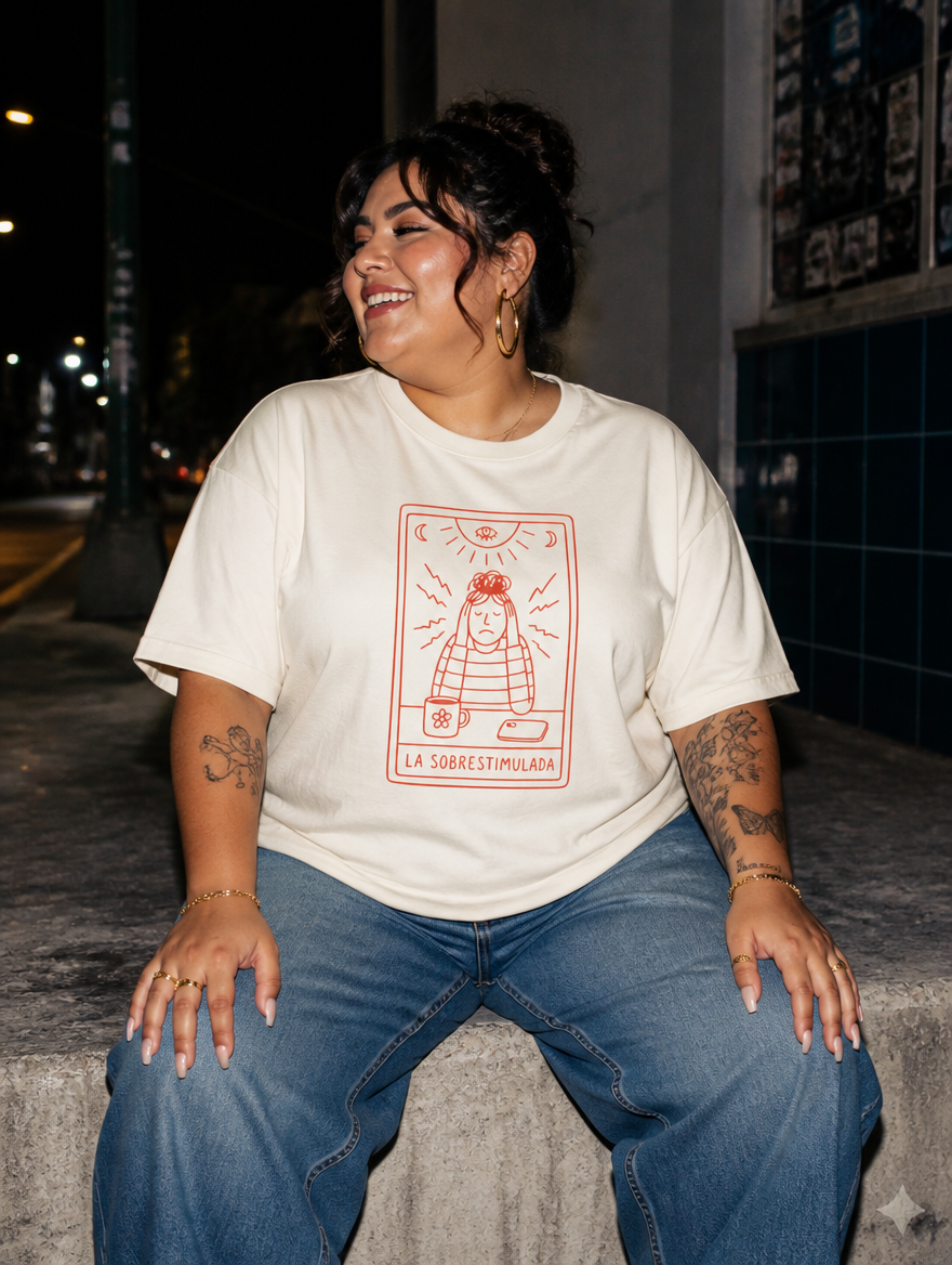 Lifestyle editorial photo — La Sobreestimulada T-Shirt, Faded Cream