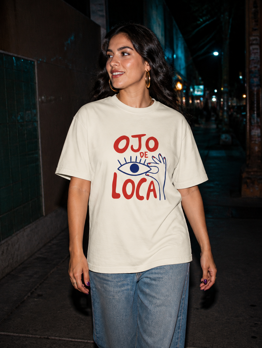 Lifestyle editorial photo — Ojo de Loca T-Shirt, Faded Cream