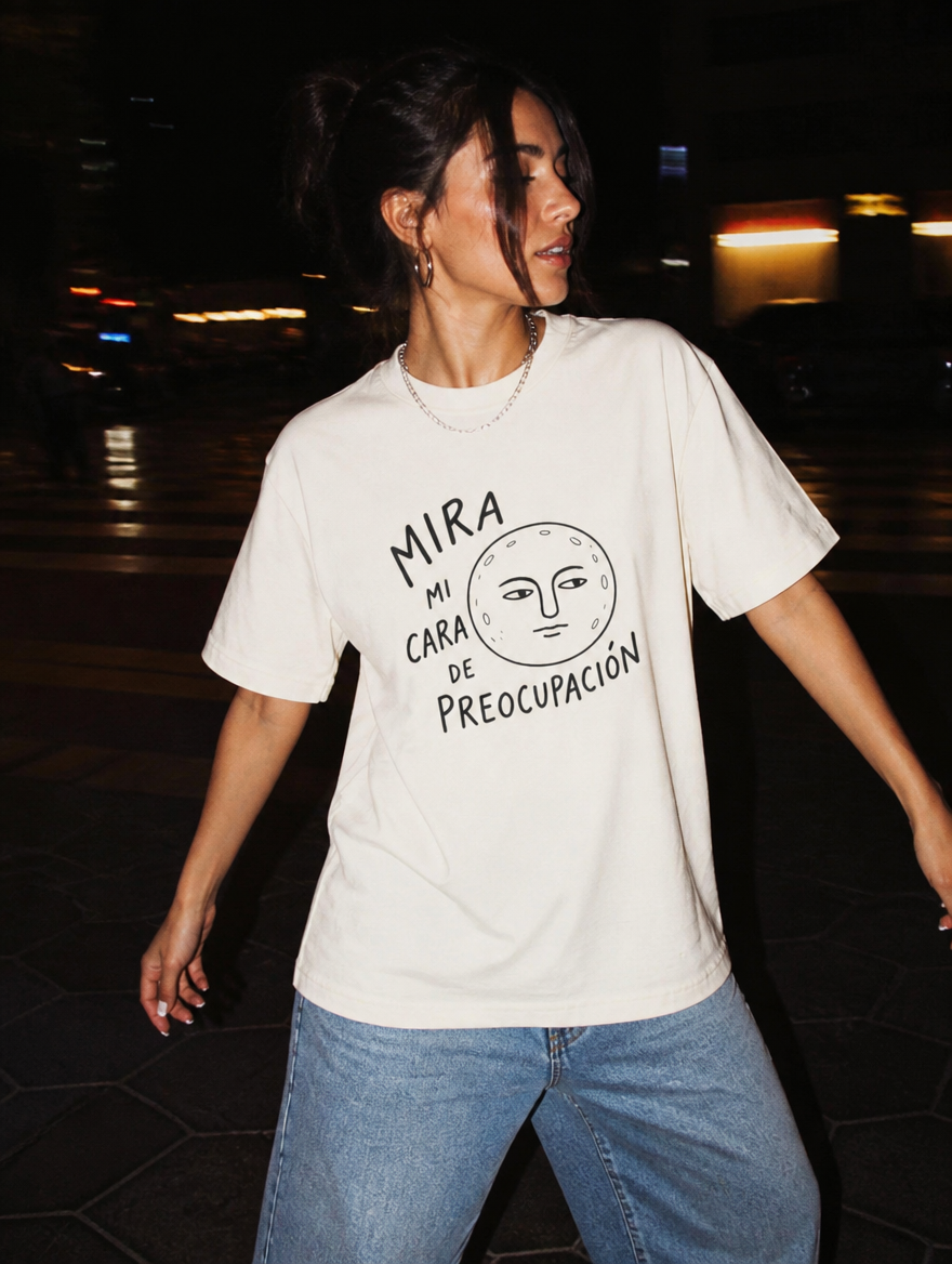 Lifestyle editorial photo — Mira Mi Cara de Preocupación T-Shirt, Faded Cream