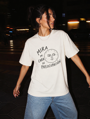 Lifestyle editorial photo — Mira Mi Cara de Preocupación T-Shirt, Faded Cream